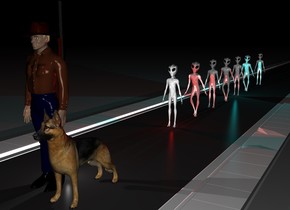 There is a 500 feet long street. On the street is a first alien. 3 feet behind the first alien is a second alien. 3 feet behind the second alien is a third alien. 3 feet behind the third alien is fourth alien. 3 feet behind the fourth alien is fifth alien. 3 feet behind the fifth alien is sixth alien. 6 feet behind the sixth alien is a seventh alien. 10 feet in front of the first alien is a man. On the right of the man is a dog. Behind the man is a gun. The gun faces up. The gun is 3 feet above the ground.
It is night. There is a big cyan  light under the fifth alien. There is a red light under the first alien.
The ground is shiny. There is a white light behind the man.