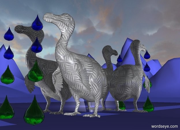 Input text: a 20 inch tall [texture]  steel dodo.a silver 1st flat wall is left of the dodo.the 1st wall is facing right.a 2nd silver flat wall is behind the dodo.ground is [ikb191].ground is 150 feet tall.a 3 inch tall  	blue 1st drop is -5 inch above the dodo.a 2nd 3 inch tall blue drop is -7 inch above the 1st drop.the 1st drop is in front of the dodo.a 3rd 4 inch tall green drop is -12 inch above the 1st drop.a 4th 5 inch tall green drop is -19 inch above the 1st drop.ambient light is gray.sun is forget me not blue.