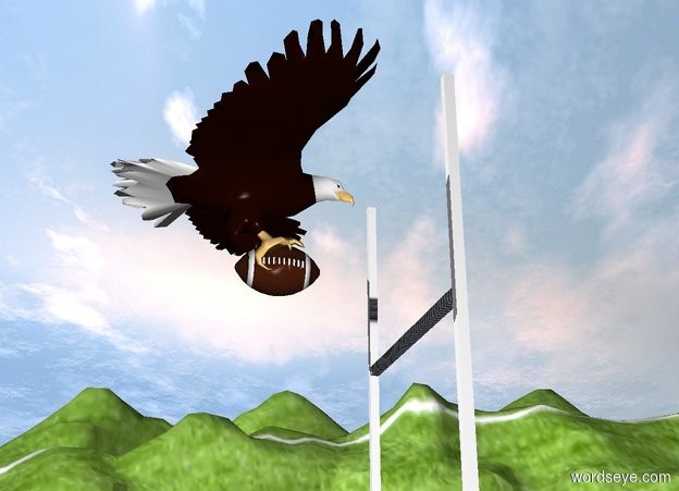Input text: a very large eagle is 12 feet above the ground. it is facing right. it is leaning 5 degrees to the back. a very large football is -7 feet above and -6 feet to the right of the eagle.

a football goal is on the ground. it is 2 feet to the right of the eagle. it is facing right.

the ground is [American Football] .