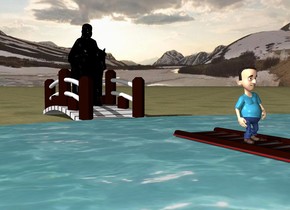 there is a bridge. in front of the bridge is a big water. the bridge faces west. on the water is a toboggan. the toboggan is 8 feet in front of the bridge.
There is a black horse on the bridge. The horse is 4 feet tall. The horse faces the toboggan. a 6 foot tall black statue is -4 feet above the horse. a small boy is on the toboggan. the ground is grass.