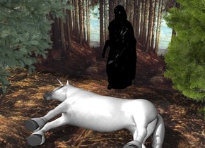 a large [forest] wall is behind a large [forest] floor. a 1st tree is in front of and -20 feet to the left of the wall. a 2nd tree is in front of and -14 feet to the right of the wall. a large unicorn is 5 feet in front of the wall. it is leaning 90 degrees to the right. behind the unicorn is a  big black statue. the unicorn faces west.
