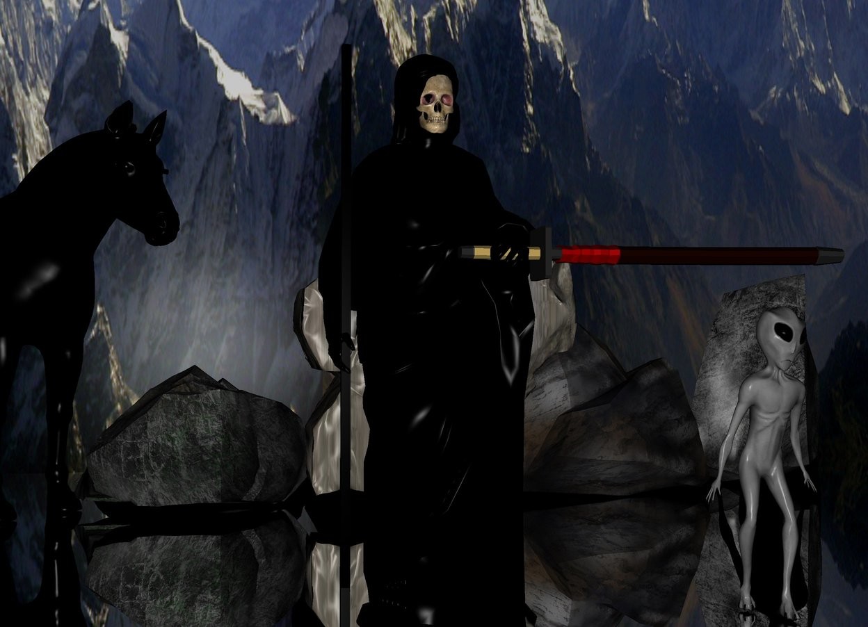Input text: a black statue.a skull is -12 inches above the statue.the skull is -26 inches in front of the statue.the skull's eye is red.a sword is -8 inches in front of the statue.the sword is face up.the sword is facing right.the sword is 3.3 feet above the ground.the sword is -62 inches left of the statue.a tall black wooden stick is  -3 inches left of the statue.the sword is face up.a black horse is 1 feet behind the statue.the horse is 1 feet left of the statue.the horse is facing southeast.a 3 feet tall alien is in front of the statue.the alien is grey.the alien is 1 feet right of the statue.a flat[mountain] wall is 10 feet behind the statue.the wall is 100 feet long.the wall is 40 feet tall.silver ground.it is night.the wall is 2 inches in the ground.a first rock is 1 feet right of the statue.the first rock is 3 feet behind the statue.a second rock is 1 feet right of the horse.a third rock is -6 inches left of the second rock.a fourth rock is right of the first rock.