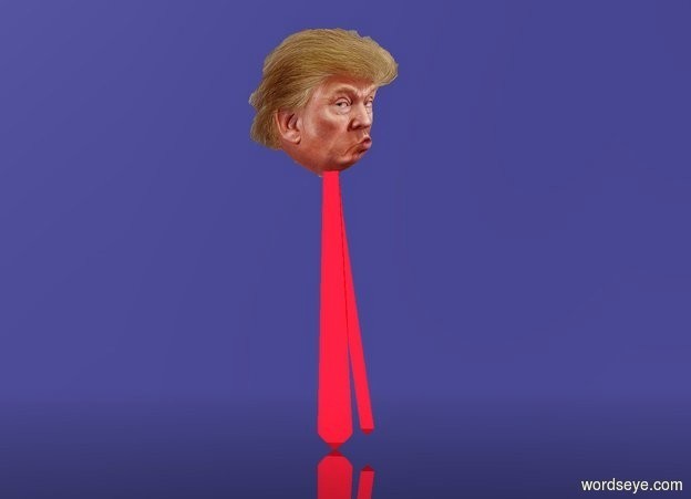 Input text: a 100 inch tall and 20 inch wide red shiny tie.above the tie is a 60 inch tall head.the head is -3 inch above the tie.the head is -49  inch right of the tie.sky is 20% dim  [ikb191].ground is clear.