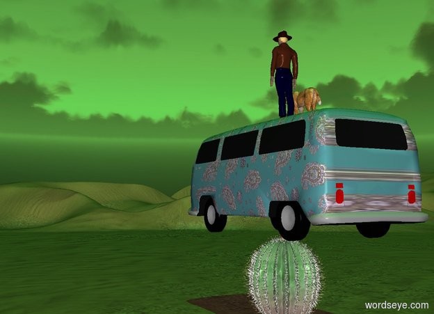 Input text: a cowboy is on a paisley van. there is a dog next to the man. the van is on a five foot tall cactus. there is a giant green sun. it is noon. there is a desert under the cactus.