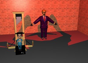 There is a purple man 4 feet in front of a first wall. the purple man is on the ground. The first wall is [texture]. On the left of the first wall is a second wall facing right. The second wall is [texture]. On the right of the first wall is a third wall facing left. The third wall is [texture]. On the left of the man is a small guillotine. The guillotine is 1 feet in front of the man. Behind the guillotine is a 2.5 feet tall boy. The boy is 1 feet above the ground. The boy is 0.5 inch in front. The boy is on a small box. The box is in front of the guillotine.  4 feet in front of the purple man is an enormous bat. The bat is 10 feet above the ground. The bat faces down. Above the bat is a  big red light. it is night. On the right of the guillotine is a first big candle on the ground. On the left of the guillotine is a second big candle on the ground.
