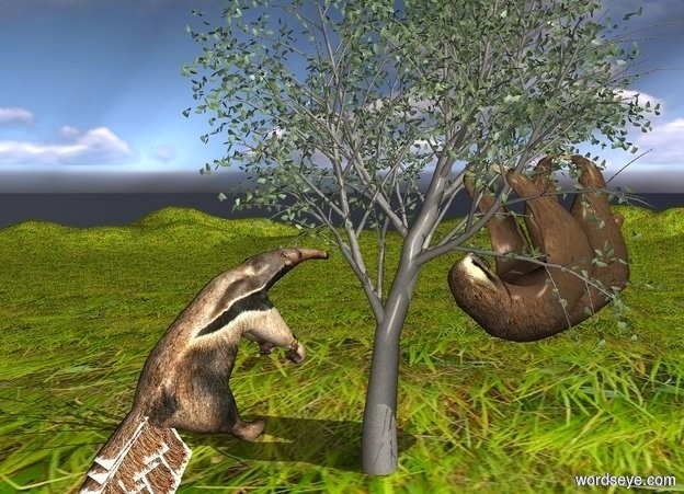 Input text:  a 400 inch tall tree. a 120 inch tall sloth is -310 inch above the tree.the sloth is -160 inch left of the tree.the sloth is facing northeast.a 60 inch tall anteater is -170 inch right of the tree.the anteater is facing the sloth.the anteater leans 50 degrees to back.the anteater is -1 inch behind  the tree.ground is grass.