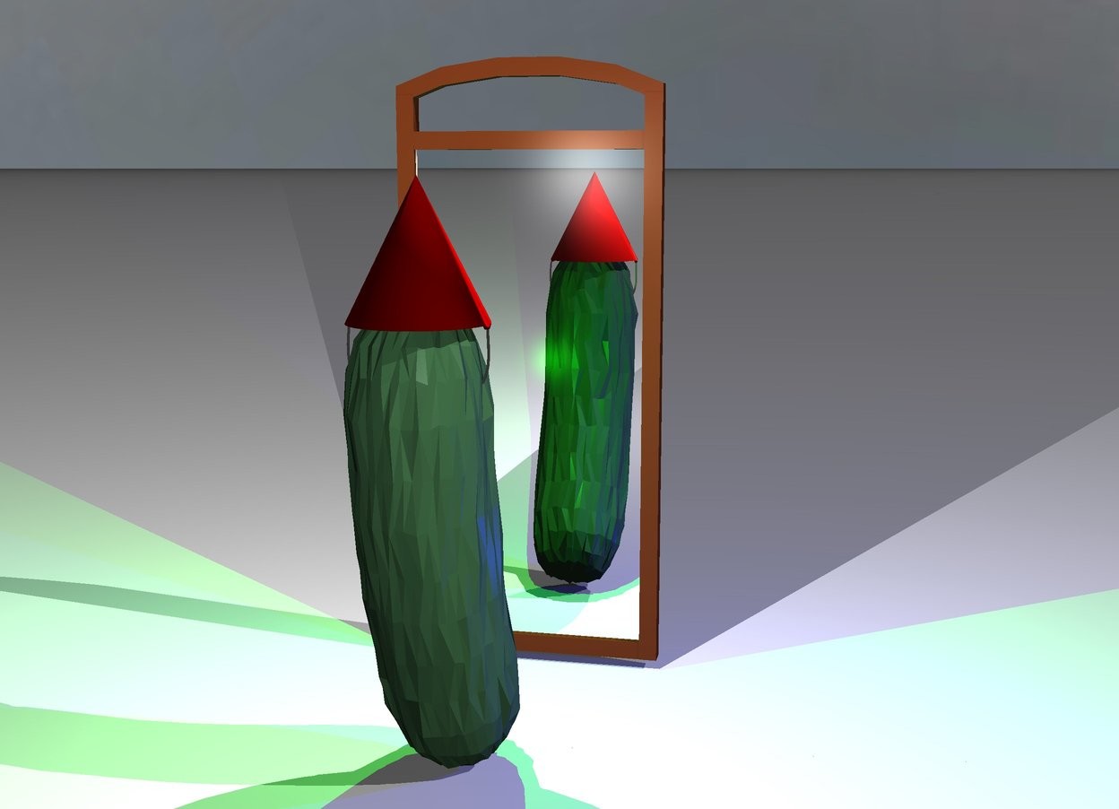 Input text: a giant pickle is facing north west.
a hat is in the pickle.
there is a blue light facing the pickle.
there is a mirror one foot in front of the pickle.
there is a white light above the pickle.
there is a lime light in front of the pickle one foot off the ground.
the pickle is blue green.



