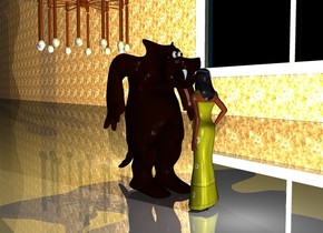 There is a small  Monster in front of a 4 feet tall yellow woman. The monster faces the woman.  25 feet on the left of the monster is an enormous window. The window faces the monster. On the left side of the window is a first 500 feet long and 50 feet high  wall. The wall faces the monster.
The wall is [texture]. The window is 5 feet above the ground. The wall is on the ground. The window is shiny.
The ground is shiny. 
a big chandelier is above the monster.  In front of the monster is a big light. It is night. Above the monster is a first big golden light. In front of the monster is a second light. Behind the woman is a third big light. It is night.