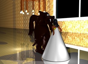 There is a small  Monster in front of a 4 feet tall yellow woman. The monster faces the woman. a 3.5 feet tall white cone is -4 feet above the woman.the cone is 3 feet wide.the woman's bathing suit is [web]. 25 feet on the left of the monster is an enormous window. The window faces the monster. On the left side of the window is a first 500 feet long and 50 feet high  wall. The wall faces the monster.
The wall is [texture]. The window is 5 feet above the ground. The wall is on the ground. The window is shiny.
The ground is shiny. 
a big chandelier is above the monster.  In front of the monster is a big light. It is night. Above the monster is a first big golden light. In front of the monster is a second light. Behind the woman is a third big light. It is night.