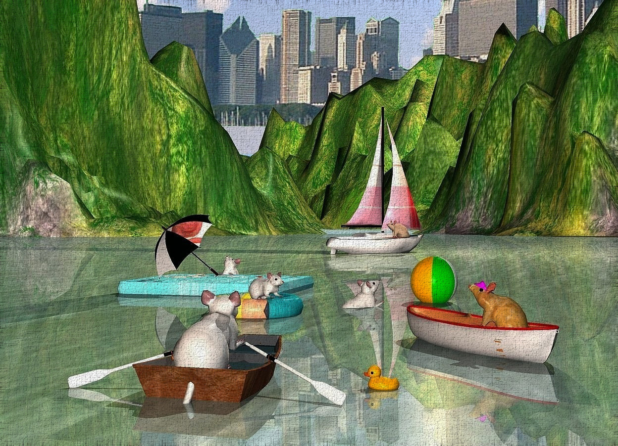 Input text: a city is in the background.  the ground is 550 feet tall. 1st [wood] rowboat is -0.2 feet above the ground. it faces right. 1st 1.7 feet tall mouse is -2.3 feet above and -8.6 feet to the left of the rowboat. it faces left. it leans 25 degrees to the back. 2nd rowboat is 1 feet left of and -1 feet to the back of the 1st rowboat. it faces southwest. 1st 1.8 feet tall [hair] rat is -1.3 feet above and -4.3 feet to the back of the 2nd rowboat. it leans back. a 0.3 feet tall fuchsia visor is -0.7 feet above and -1.44 feet to the front of and -2 feet to the left of the rat. it leans 27 degrees to the back. a 5 feet tall  [float] bagel is 11 feet left of and -1.5 feet  in front of the 1st rowboat.it leans 90 degrees to the back. 2nd 1.3 feet tall mouse is -0.88 feet above the bagel. it faces the rat. it leans 13 degrees to the back. 3rd 1.7 feet tall mouse is -1 feet behind and -1 feet left of the bagel. it leans 44 degrees to the back. it is -3.5 feet above the ground. it faces northwest. a toy is behind the 1st rowboat and -0.3 inches above the ground. a beach ball is 0.5 feet northwest of the 3rd mouse and -3 inches above the ground. a 1 feet tall [beach] belgian waffle is 6 feet left of and -1 feet in front of the bagel. a large [flamingo] umbrella is -3.1 feet above and -8 feet to the front of the waffle. it leans 50 degrees to the southwest. a large sailboat is 75 feet left of and 7 feet in front of the beach ball. it is -3.5 feet above the ground. it faces northwest. the mainsail of the sailboat is [stripe]. the jib of the sailboat is [stripe]. 2nd 2.9 feet tall rat is -18 feet to the front of and -23.7 feet above and -3 feet to the right of the sailboat. it faces southeast. 4th 2 feet tall mouse is left of and -5 feet to the front of the waffle. it faces right. it leans 58 degrees to the back. it is -4.5 feet above the ground. a eggshell cream light is behind and -1 feet above the sailboat. 2 dim camel lights are 1 feet above and 3 feet right of the 1st mouse. 