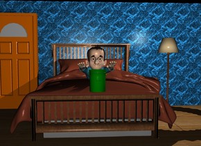 There is a bed in front of a first wall.The first wall is  [texture]. On the left of the first wall is a second wall. The second wall faces right. The second wall is  [texture].  On the right of the first wall is a third wall facing right. The second wall is  [texture]. On the bed is a boy. 
On the left of the bed is a door. The door is in front of the first wall. On the right side of the bed is a lamp. There is a light 0 feet above the lamp. The ground is wood. It is night. In front of the boy is a small green bucket.