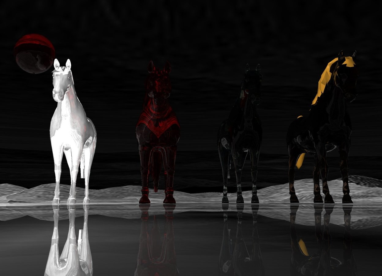 Input text: ground is golden sea. the big  red clear sphere  is 2 meters above the ground.  there is silver horse. The silver horse is white. a red sphere faces the silver horse. the sky is transparent.
The second transparent horse is 2 feet right of the  horse. The second horse is red. The second horse is fire. The third transparent horse is 2 feet right of the  second horse. The fourth transparent horse is 2 feet right of the  third horse. The third horse is pale green