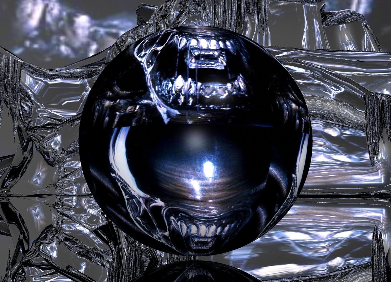 Input text:  Big sphere is [Alien]. The ground is silver.  The sky is  [Alien].