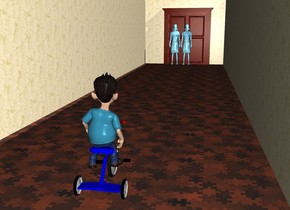 There is a very long  first wall. On the right of the first wall is a second very long wall. The second wall is 10 feet away from the first wall. The first wall faces the second wall. The second wall faces the first wall. The first wall is [texture]. The second wall is [texture].
4 feet On the right of the first wall is a  blue tricycle.
On the tricycle is a small  boy. The boy is 7 inch in the tricycle.
The ground is [texture].
37 feet in front of the boy is a third wall. The third wall is on the ground. The third wall is texture. 0 feet behind the third wall is a door. Behind the door is a first [texture] person. The first person is 5 feet tall. The first person faces the boy.  On the right of the first person is a second [texture] person.The second person faces the boy. The second person is 5 feet tall.