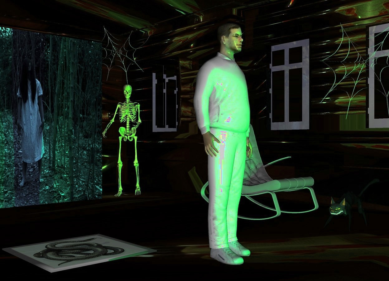 Input text: [light]house.a man is -15 feet in front of the house.the house's window is clear.the man is white.a [dark] wall is 12 feet behind the man.two green lights are 2 feet in front of the man.a skeleton is right of the wall.the skeleton is facing southwest.a cat is 4 feet right of the man.the cat is facing the man.a 3 feet tall web is above the skeleton.a 4 feet tall web is 2 feet above the cat.the 4 feet tall web is 12 inches right of the cat.a grey rocking chair is 1.5 feet behind the cat.the 4 feet tall web is facing the man.a painting is left of the man.the painting is face up.the painting is 1 feet behind the man.