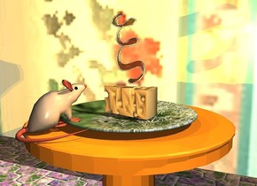 a large cheese is on a large [flower] plate.  it faces left. the plate is on a table. a [pattern] wall is 2 feet behind the table. the ground is [tile]. a mouse is 0.2 feet in front of and -0.52 feet left of and -0.53 feet above the cheese. it faces northeast. it leans 10 degrees to the back. a small clear resin green xi is above the cheese. it leans right. 2 dim daffodil yellow lights are behind the xi. the sun's azimuth is 220 degrees. 2 dim orange lights are 2 inches in front of the cheese.