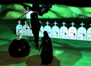 There is a big black angel. 1 feet  In front of the angel is a  long  black stick. The stick is leaning 60 degrees to the left. The stick is 7.5 feet above the ground. In front of the angel is a boy. The boy is 5.5 feet above the ground. 2 feet in front of the angel is a black cauldron . The cauldron  is 4 feet tall. Above the cauldron  is an very big baby. 10 feet behind the angel are 10 big gravestones. The ground is grass. There is a first cyan light  above the angel. A second cyan light is above the baby. It is night. There is a first dimmed light on the right of the angel. a second dimmed light is on the right of the angel.  a   black statue is 2 feet on the right of the cauldron. There is a small stick on the left of the black statue. The stick is 2 feet above the ground. The stick leans 70 degrees to the back. The stick is [texture]