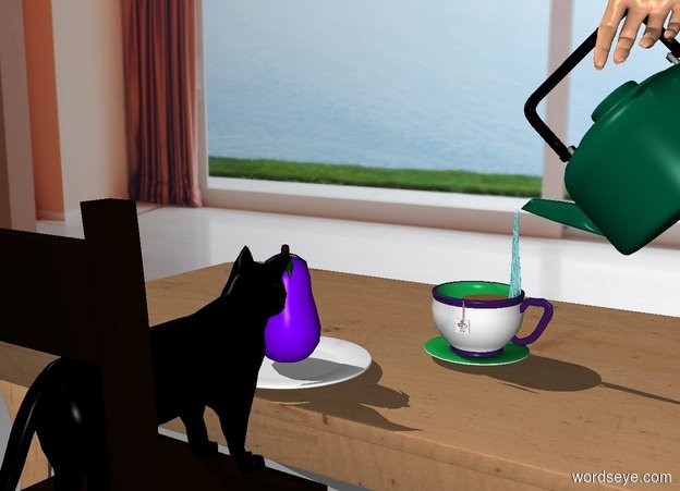 Input text: a table. a plate is above and -1 foot in front of the table. an eggplant is on the plate. a large teacup is behind and to the right of the plate. a chair is in front of the table. it is facing the table. a black cat is on the chair. it is facing the table. a large tea kettle is above and -.5 foot behind and -.7 foot to the right of the teacup. it is facing back. it is leaning 45 degrees to the left. a water squid is .8 foot tall and 1 inch wide and 1 inches deep. it is -.3 foot above and -.3 foot to the right of the cup. it is upside down. a 2 inch tall and .2 inch wide and .2 inch deep tan worm is -2 inch above and in front of the cup. a 1 inch tall and 1 inch wide and .1 inch deep [tea] cube is -2.5 inches above the worm. a 4 inch wide golden brown circle is -1.1 inches above the cup. a [room] wall is 2 feet behind the table.  a large beige rose hand is -.5 feet above and -1 feet to the right of and -.5 feet in front of the tea kettle. it is facing left.