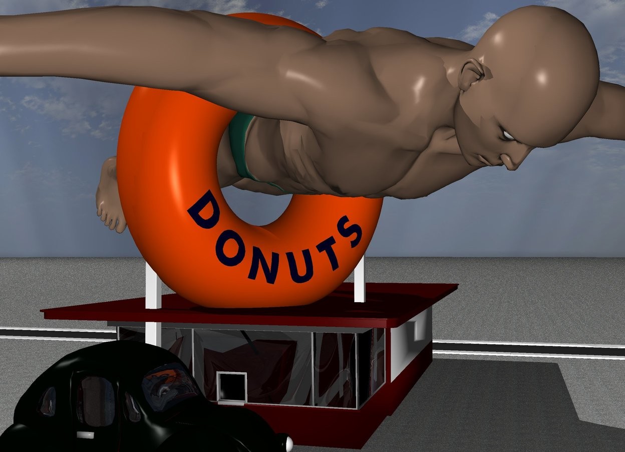 Input text: A donut shop is 3 feet in front of a 5000 feet long first street. The street faces right.  The ground is pavement. 
In front of the donut shop is a second street. The second street faces right. On the second street is a car. an enormous man is -15 feet above the donut shop. The man faces down.the man is -80 feet behind the donut shop.the man is facing southeast..