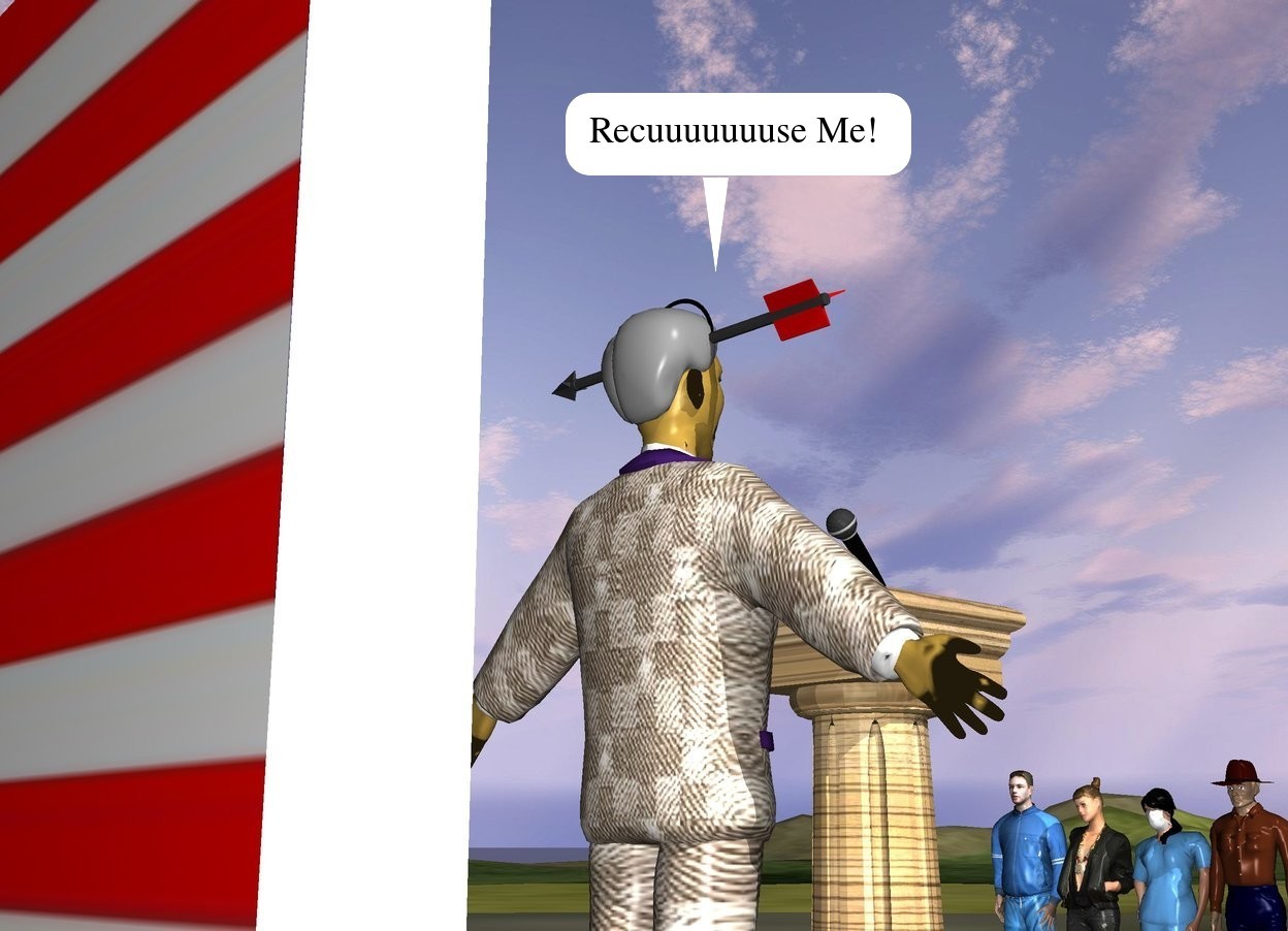 Input text: The arrow is -6 inches above the  man. It is facing right. the [pattern] texture is on the man. the texture is a foot tall. The [wood] column is in front of the man. It is 4 feet tall. The [flag] wall is 4 feet behind the man. It is 8 feet wide and 6 feet tall. The microphone is on the column. It is facing back. It is leaning 45 degrees to the front. The black rainbow is -4 inches above the man. The rainbow is 5 inches tall. The hair of the man is grey. the body of the man is tan. The ground is grass.

5 small people are 4 feet in front of the column. they are facing back.