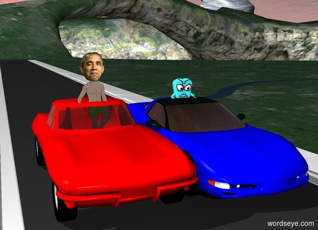 Input text: A red corvette and a blue corvette are on a road.The road is 500 foot long and wide. A man is 3 feet inside the red corvette. A woman is in the blue corvette.