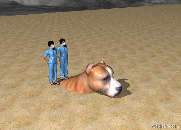 Input text: two small women on top  of huge 
 dog on the beach. one milk bowl  three inches in  front of dog
