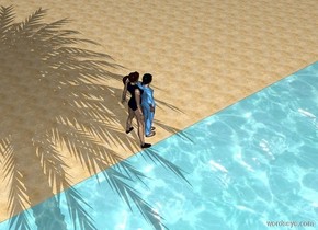one woman in front of a woman on the beach. Palm tree in water and woman behind woman. woman in front of woman