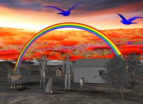 a rainbow is 10 feet in the ground. a 1st gray shack is 10 feet in front of the rainbow. it is over the ground. a 2nd gray shack is 20 feet in front of and 20 feet to the right of the 1st shack.it is -3 foot above the ground. a large gray shed is 40 feet in front of the 1st shack. a large gray cow is 5 feet in front of and 5 feet to the right of the shed. a very large gray chicken is 10 feet in front of the 2nd shack. it is above the ground. a large gray cowboy is 5 feet in front of and to the left of the chicken. he is facing back. his hair is gray. the sky is 3000 foot wide [Field]. a large gray woman is 6 feet to the left of the cowboy. she is facing back. a tobacco brown light is 20 feet over the ground. a 1st gigantic shiny blue bird is 2 feet over the rainbow. it is facing back. it is leaning to the back. a 2nd gigantic shiny blue bird is 15 feet behind and 5 feet to the right of the 1st bird. it is facing northwest. it is leaning back. a large gray dog is 5 feet in front of and to the left of the cowboy. it is facing back. a small gray tree is 25 feet in front of and to the right of the 2nd shack.