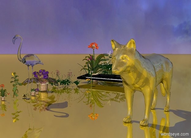 Input text: the ground is gold. above the ground is a giant glass flamingo. 20 feet behind the flamingo is a huge keyboard instrument on flowers. there are 10 giant flowers next to the flowers. there are 10 flowers next to the flamingo. the huge gold wolf is 20 feet right of the flamingo.