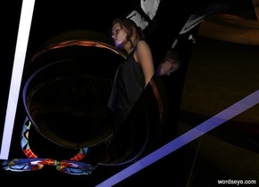  Woman is big. bird is above the woman. Giant cube is 2 meters behind the woman. Cube is 15 feet tall and 15 feet wide. Cube is made of glass. Red light is behind the cube. Blue light is in front of the woman. It is night..
Glass wall is to the left of the woman. Glass sphere is above the wall. Sphere is 10 feet wide. [matisse] snake is on the left of the sphere. Snake is 12 feet tall. Another glass wall is in front of the sphere. it leans 27 degrees to the right. glass pyramid is on the right of the woman. Pyramid is 10 feet tall.
Huge white light is under the woman. Huge yellow light is behind the snake. Huge red light is in the sphere.
