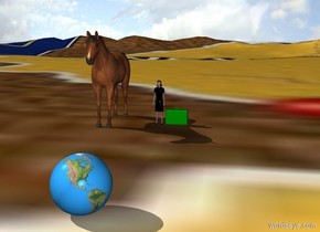 one small woman is on a map ground. a horse is 2 foot to left of woman. a small    green suitcase on right of woman. the ground is a map. 13 feet in front of woman is a globe.