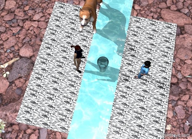 Input text: the floor is fish. one huge glass of water is on the floor. one woman is 2 feet left of glass. one huge dog is 2 feet behind woman. woman faces east. second woman is 4 feet to right of glass. woman faces west. 