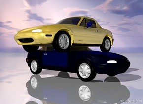 The gold car is -1.4 feet above the car.
The gold car is facing left.
The ground is shiny.