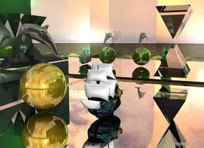 First flat humongous silver wall is leaning 90 degrees to the front. First wall is  20 feet above the ground.
Small [van gogh] ship is 10 inches above the  first wall.
humongous  golden sphere is 10 feet to the left of the ship.
huge dolphin is above the sphere. Dolphin is dark and shiny.

Second humongous silver wall is 10 feet  behind the first wall. 
 
First humongous glass pyramid is to the right of the ship and 1 foot in front of the second wall. The first pyramid is 30 feet above the first wall.The pyramid is leaning 180 degrees to the front.
The second humongous glass pyramid is 3 feet under the first pyramid. very Huge green light is 8 feet above the first pyramid.


Third humongous flat silver wall is 10 feet on the left of the sphere. Third wall is facing east. Third wall is very dark.

Fourth humongous flat silver wall is 40 feet on the right of the ship. Fourth wall is facing west.


