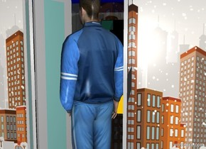 a telephone booth.a man is -30 inches in front of the telephone booth.the man is facing the phone booth.the man is -35 inches left of the phone booth.a flat wall is behind the phone booth.the wall is [building].