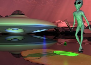 A small pale aqua alien is next to a 3 feet tall and 2 feet wide flat [liquid] clam. The clam is leaning 90 degrees to the front. It is -0.1 inch above the ground. The alien is facing the clam. The sun is scarlet. The ground is 400 feet high. A very tiny blue volcano is 100 feet behind the alien. A dim green light is on the clam. A test tube is -2 inch in front of and -1.3 foot above and -9 inch left of the alien. It is leaning 40 degrees to the left. A 1 feet tall and 0.6 feet wide flat shiny lime clam is -0.1 inch above and -10 inch left of and -2 feet in front of the clam. It is leaning 90 degree to the front. A 2 inch high lime drop is 3 inches above the clam. A green light is in the drop. A large spaceship is 30 feet in front of and left of the alien.  The ground is shiny black. A lime shiny alien is -4.4 feet above the spaceship. A huge blue light is behind the spaceship.