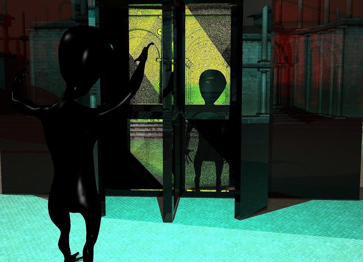 Input text: a 60 feet tall revolving door is -1.3 feet above the ground. 1st 30 foot tall black alien is -43 feet right of and -49 feet in front of the door. 3 orange lights are -6 inches above and 5 inches in front of the alien. 5 green lights are 8 inches above the alien. the wall of the revolving door is clear. 2nd 33 feet tall fat black alien is -69 feet right of and -8 feet in front of and -59 feet above the door. the 2nd fat alien faces the 1st alien. 2 cyan lights are -3 inches above and 4 inches behind and -1 feet right of the 2nd fat alien.