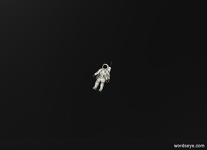 an astronaut is 20 feet above the ground. he leans to the left. the sky is black. the ground is clear. the astronaut's visor is shiny black.