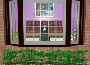 a 4.5 foot tall dog.  a 1st 2 foot tall and 20 foot long brick wall is 1 foot in front of the dog. a 10 foot wide and 6 foot tall window is -1 inch above the wall. the window's pane is clear. a 2nd 50 foot tall and 50 foot wide lavender wall is 20 feet behind the 1st wall. the ground is tile. a grass floor is in front of the 1st wall. a 1st 4 foot tall plant is behind and -7 feet to the left of the 1st wall. a 2nd 4 foot tall plant is behind and -7 feet to the right of the 1st wall. a 3rd 6 foot tall and 10 foot wide brick wall is -1 inch to the right of the window. a 4th 6 foot tall and 10 foot wide brick wall is -1 inch to the left of the window. a 5 foot tall and 13 foot wide sofa is in front of the 2nd wall. a large [swimmers] painting is in front of the 2nd wall. it is 1 foot above the sofa.
a tiny linen light is 1 foot above and -.2 foot in front of the dog. it is noon.

a 10 foot wide and 1.8 foot tall bush is in front of and -15 feet to the right of the 1st wall.