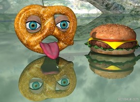 the large tongue is in front of the large pretzel. it is 1 inches above the ground. the large eyeball is two inches above the tongue. it is behind the tongue. it is -1.3 inches left of the tongue. the second large eyeball is two inches above the tongue. it is behind the tongue. It is -.5 inches right of the tongue. the ground is shiny. the large hamburger is 3 inches right of the pretzel.