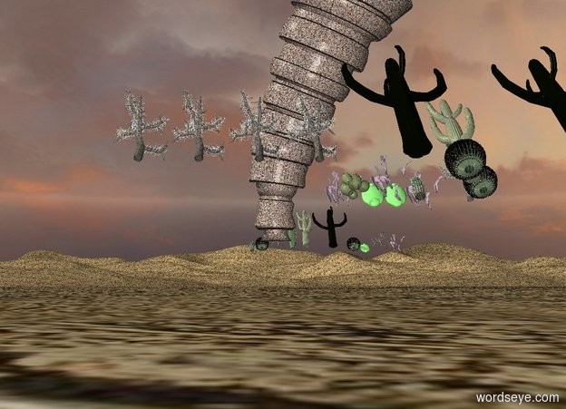 Input text: 5 cacti are 5 feet apart. They lean 30 degrees to the back. They are 5 feet above the ground. A sand tornado is behind them. A sand cloud is above the tornado.

5 cacti are in front of them. They are 5 feet apart. They lean 45 degrees to the back. 

10 cacti are in front of them. They are 5 feet apart. They lean 45 degrees to the back. 

10 cacti are in front of them. They are 5 feet apart. They lean 45 degrees to the back. 

10 cacti are behind the tornado. They are 5 feet apart. They lean 45 degrees to the back. 

Ground is dirt.