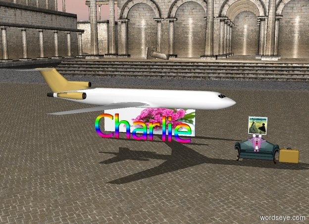 Input text: The [garden] wall is 5 feet behind 
 the 5 feet tall rainbow "Charlie". 

The painting is .5 feet above the couch.
The calico cat is on the couch.

Suitcase is to the right of the couch.
The tiny Airplane is in front of and above the wall. It is facing right.