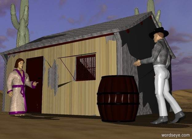 Input text: a shanty.the shanty's wall is wood.the shanty's roof is metal.the shanty is 3 feet in the ground.a barrel is right of the shanty.the barrel is on the ground.the barrel is in front of the shanty.a man is right of the barrel.the man is facing the barrel.the man's shirt is dirt.a woman is 8 feet left of the barrel.the woman's bathrobe is dirt.the woman is facing the man.a 20 feet tall cactus is left of the shanty.the cactus is on the ground.a 25 feet tall cactus is 13 feet behind the shanty.the 25 feet tall cactus is on the ground.