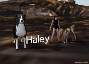 Ava by big dog. 
the sky is cloud.
ground is a forest.
animals by her.
"Haley"
