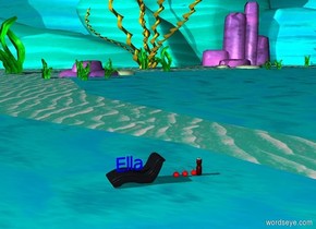 The Blue "Ella" Is On A Couch. The Couch Is 1 feet Away from 3 Giant Cherries And A Water Bottle.
