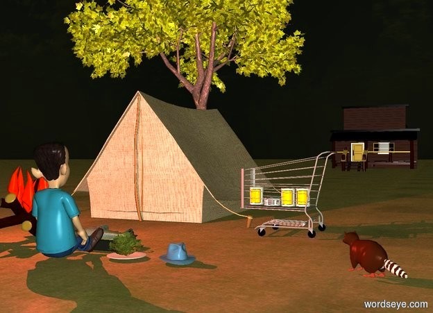 Input text: a tent.a cart is right of the tent.the cart is in front of the tent.the cart is facing south west.a store is 80 feet behind the tent.a campfire is 4 feet in front of the tent.a pan is right of the campfire.a 0.6 feet tall fish is -6 inches above the pan.the fish is facing left.a 1st can is -22 inches above the cart.a 2nd can is left of the 1st can.a 3rd can is right of the 1st can.a 4th can is left of the 2nd can.a plate is right of the pan.the plate is in front of the pan.a lettuce is on the plate.a 3 feet tall man is in front of the pan.the man is facing the pan.a tree is 30 feet behind the tent.the tree is left of the tent.it is evening.a hat is 3 inches right of the plate.the hat is sea spray blue.the hat is facing southeast.the ground is dirt.a yellow light is -5 feet in front of the tent.a 70% red light is above the campfire.a raccoon is 3 feet right of the hat.the raccoon is facing northwest.