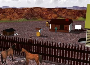 a house. a small building is 20 feet southwest of the house. a pen is 10 foot southeast of the house. it is facing west. an outhouse is 10 feet northwest of the house. a big fence is 55 feet in front of the house. it is 100 feet long. a well is 18 feet in front of the house. it is -3 feet west of the house. a  big chicken is 3 feet in front of the small building. another big chicken is 4 feet east of the small building. it is facing east. a chicken is 1 foot south of the big chicken. a cowboy is 5 feet in front of the house. a vehicle is 3 feet east of the house. it is facing east. a woman is north of the well. a cowboy is 8 feet north of the fence. a horse is 2 feet south of the fence.it is facing north. another horse is 4 feet east of the horse. it is facing west.