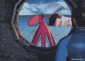 a 4.5 foot tall octopus faces left. it is noon. 



the ground is pond blue. the ground is 40 feet tall. 6 gold lights are 10 feet above the ground.  the sun is baby blue.  a shiny [black] vase is 5 feet behind the octopus. it leans 90 degrees to the front. it is 4 feet above the ground.
a fuchsia light is -.3 foot above the vase.  the sun is green turquoise.  a very small galleon is 20 feet in front of and -2 foot to the left of the octopus. it faces the octopus. it leans 110 degrees to the left. it is 5 feet in the ground. a blue light is 10 feet above the galleon. the galleon's sail is [old]. a 6 inch tall man is -1.05 foot above and -.6 foot in front of and -.625 foot to the left of the vase. he faces the octopus. the camera light is black. a baby blue light is behind the man. 

it is noon.