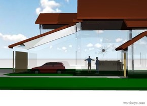 a 10 foot tall clear white building. a 1st 1.9 foot tall person is -9.8 feet above the building. a 2nd 2 foot tall person is in front of the 1st person. he is facing right. a 1.5 foot tall sofa is 5.3 feet to the left of and behind the 1st person. it faces right. a 1 foot tall flat dark gray sun symbol is -4 feet to the right of the building. it is above the 1st person. it faces right. the ground is white. a 1.5 foot tall car is -14 feet in front of the building. a beige light is -5 feet above and -3 feet to the right of the building. it is noon.