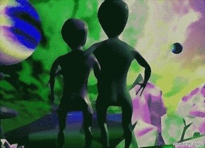 a 1st 4.3 foot tall alien. a 2nd alien is -1 foot in front of and -1.7 foot to the right of the 1st alien. a invisible sphere is 2 feet in front of the 1st alien. the 2nd alien faces the sphere. a 1st planet is 20 feet in front of and 7 feet above and to the right of the 2nd alien. a 2nd small planet is 10 feet in front of and 4 foot above and 8 feet to the left of the 1st alien. the camera light is black. a tiny green light is above the 2nd planet. a ghost white light is to the right of the 2nd planet.